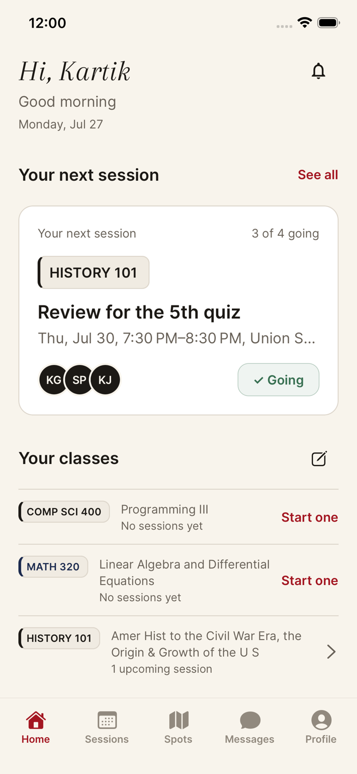 Studi app home screen showing Hi Kartik, Your next session card for HISTORY 101 Review for 5th quiz, and Your classes list with COMP SCI 400, MATH 320, and HISTORY 101